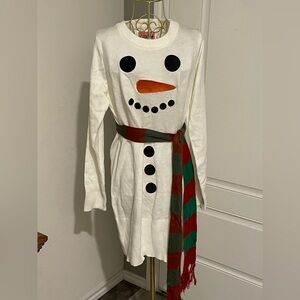 Tipsy Elves Snowman Long Sleeve Sweater Dress with Scarf Belt